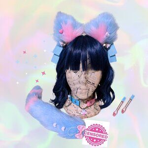 { Handmade } Kandi Sweetheart Furry Ears and Tail Set + Choker and Clamps